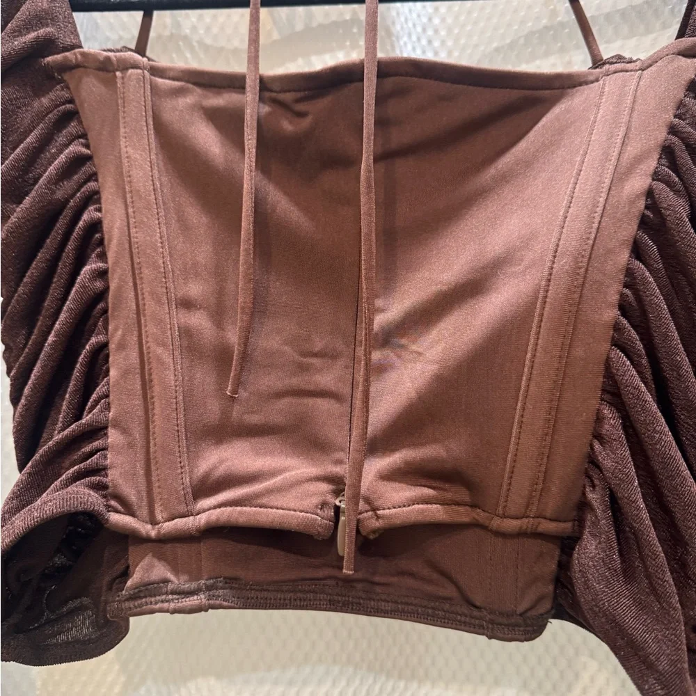 Bad Society Club Brown Ruched Corset Top XL  Long Sleeve Mesh Halter Crop Top - Picture 5 of 9